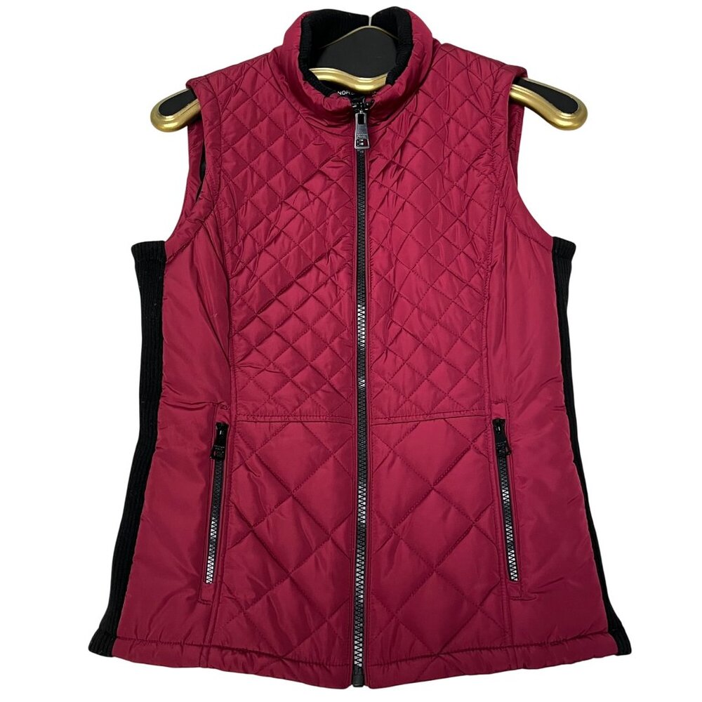 Andrew Marc Womens Puffer Vest Small Burgandy/Black Padded Sleeveless Jacket Zip